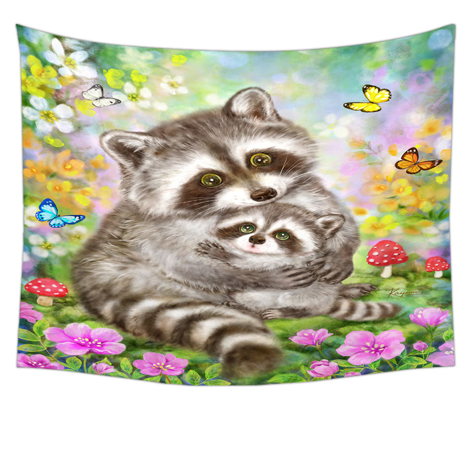 Cute Wildlife Animal Art Adorable Raccoons Tapestry