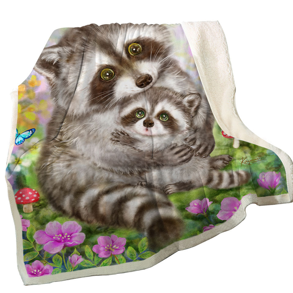 Cute Wildlife Animal Art Adorable Raccoons Throw Blanket