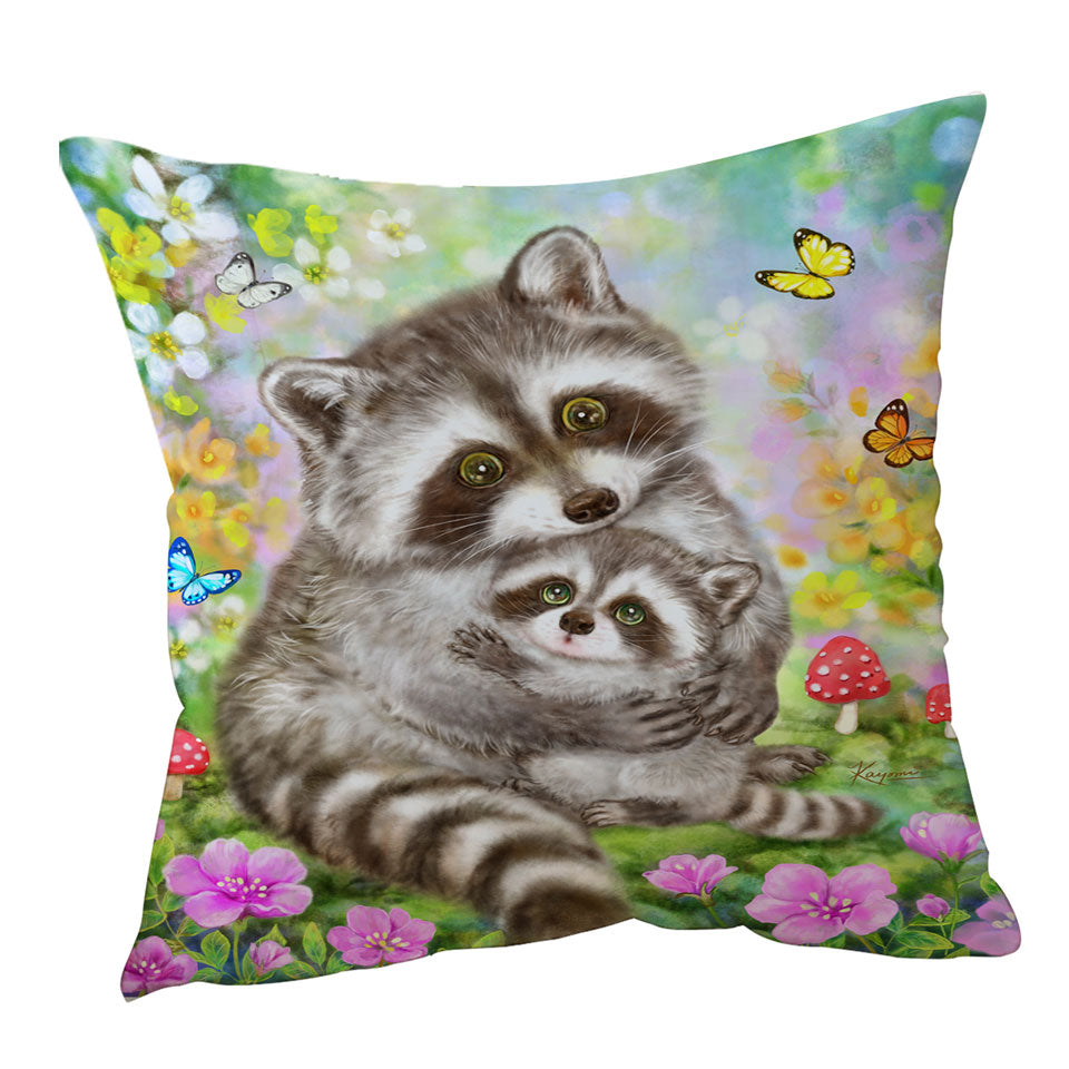 Cute Wildlife Animal Art Adorable Raccoons Throw Pillow