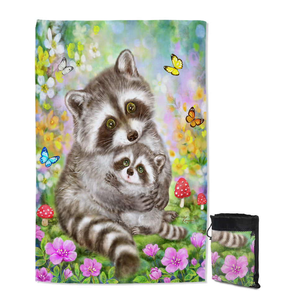 Cute Wildlife Animal Art Adorable Raccoons Travel Beach Towel