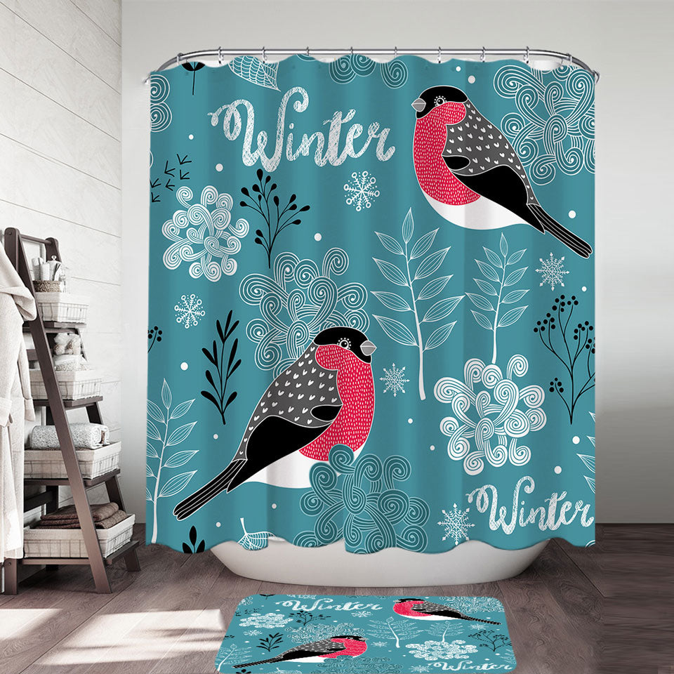 Cute Winter Birds Fabric Shower Curtains
