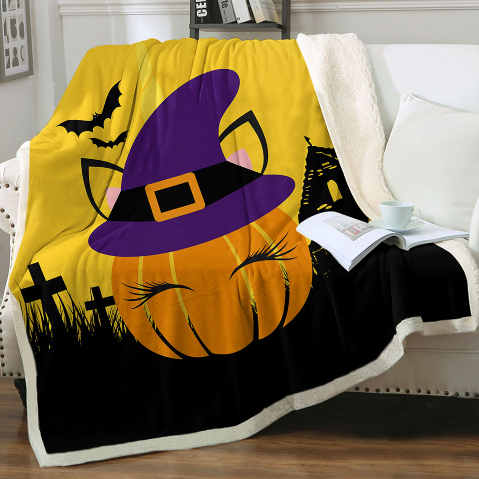 Cute Witch Pumpkin Throw Blanket for Halloween