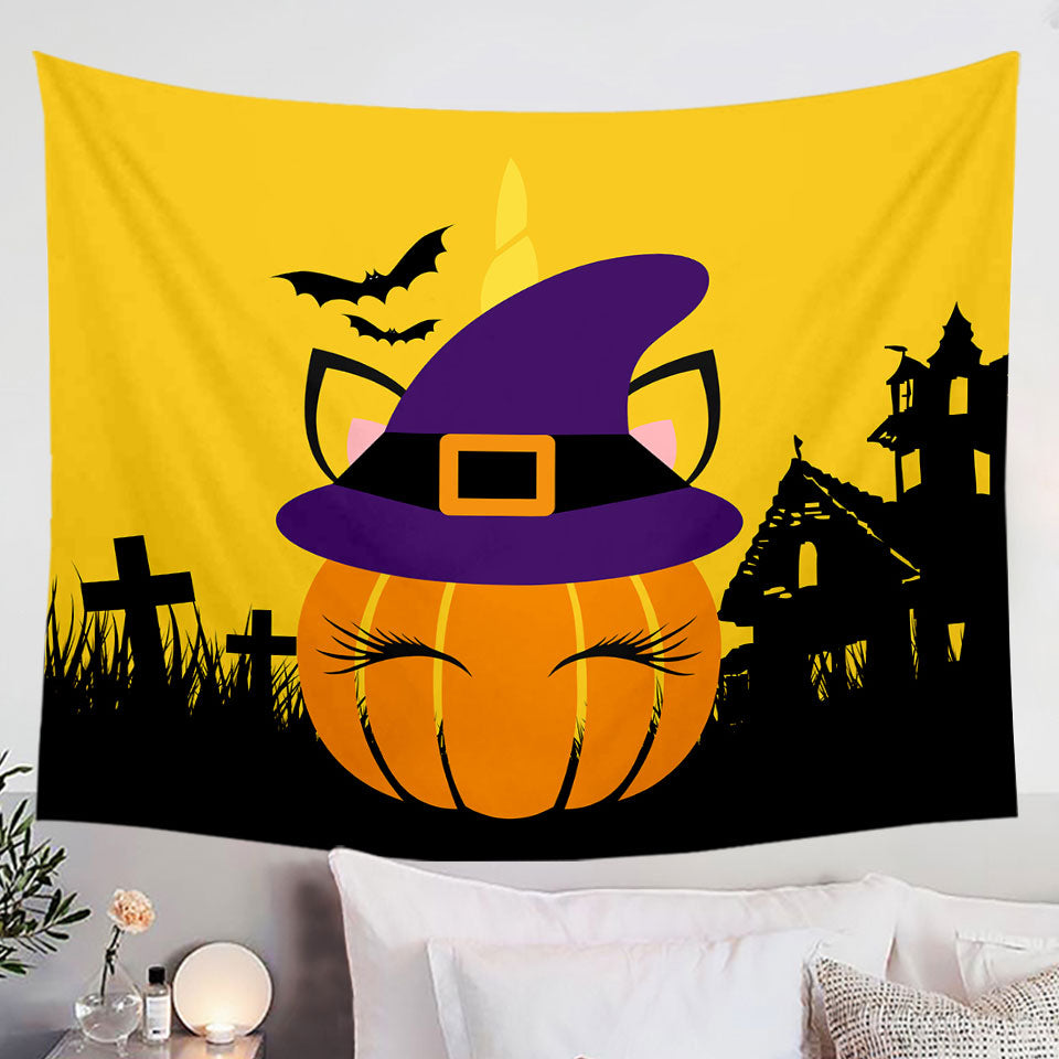 Cute Witch Pumpkin Wall Decor Tapestry for Halloween