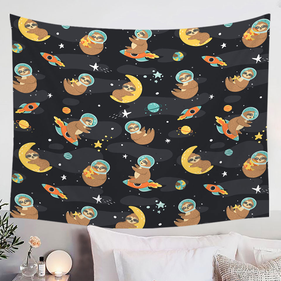 Cute and Funny Astronaut Sloth in Space Tapestry Wall Hanging