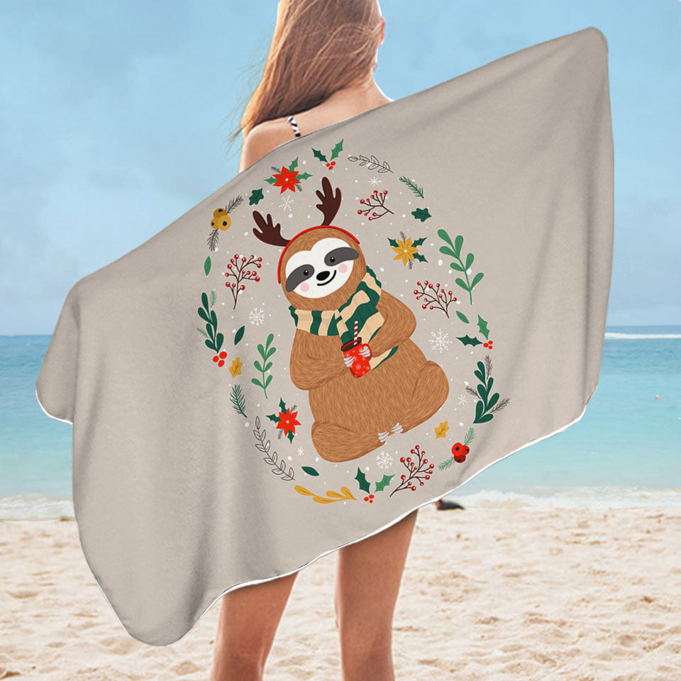 Cute and Funny Christmas Sloth Beach Towel