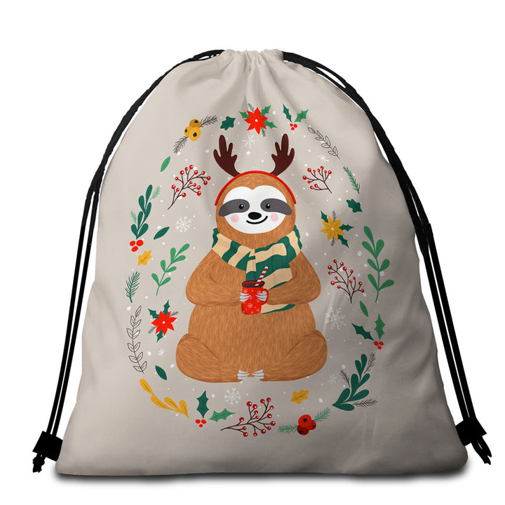 Cute and Funny Christmas Sloth Packable Beach Towel