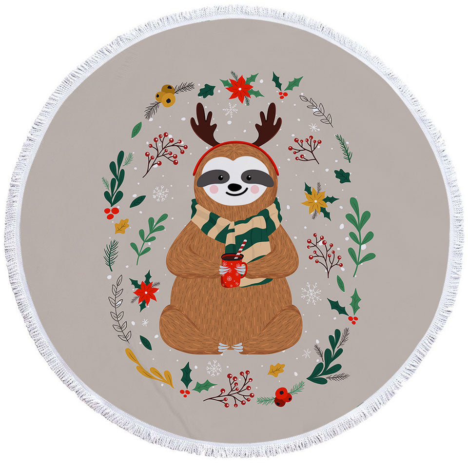 Cute and Funny Christmas Sloth Round Beach Towel