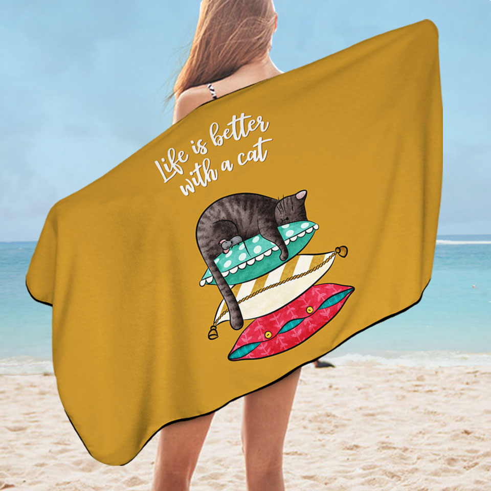 Cute and Funny Slapping Cat Microfiber Beach Towel