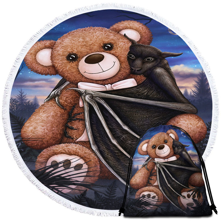 Cute and Scary Beach Towels Bedtime Teddy Bear and Bat Circle Towel