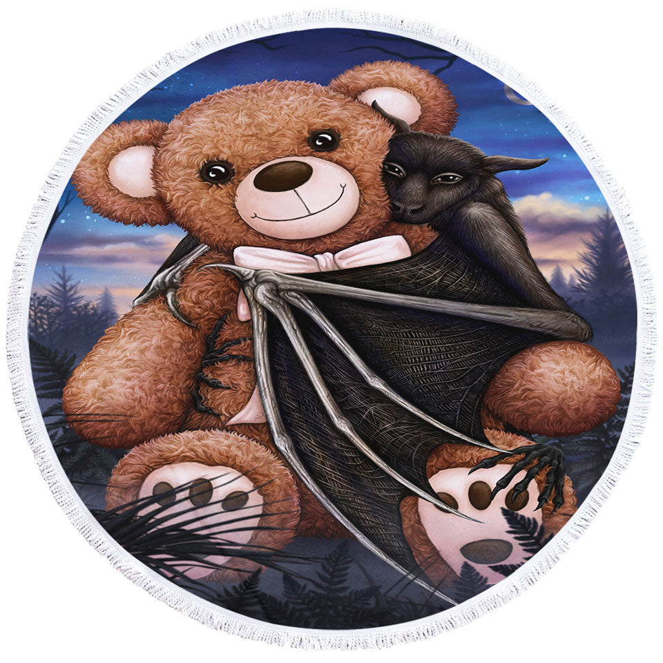 Cute and Scary Beach Towels Bedtime Teddy Bear and Bat Round Towel