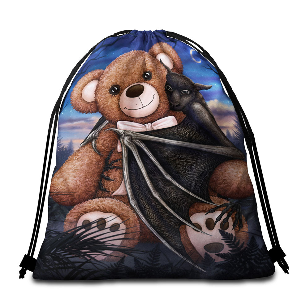 Cute and Scary Bedtime Teddy Bear and Bat Beach Towel Bags