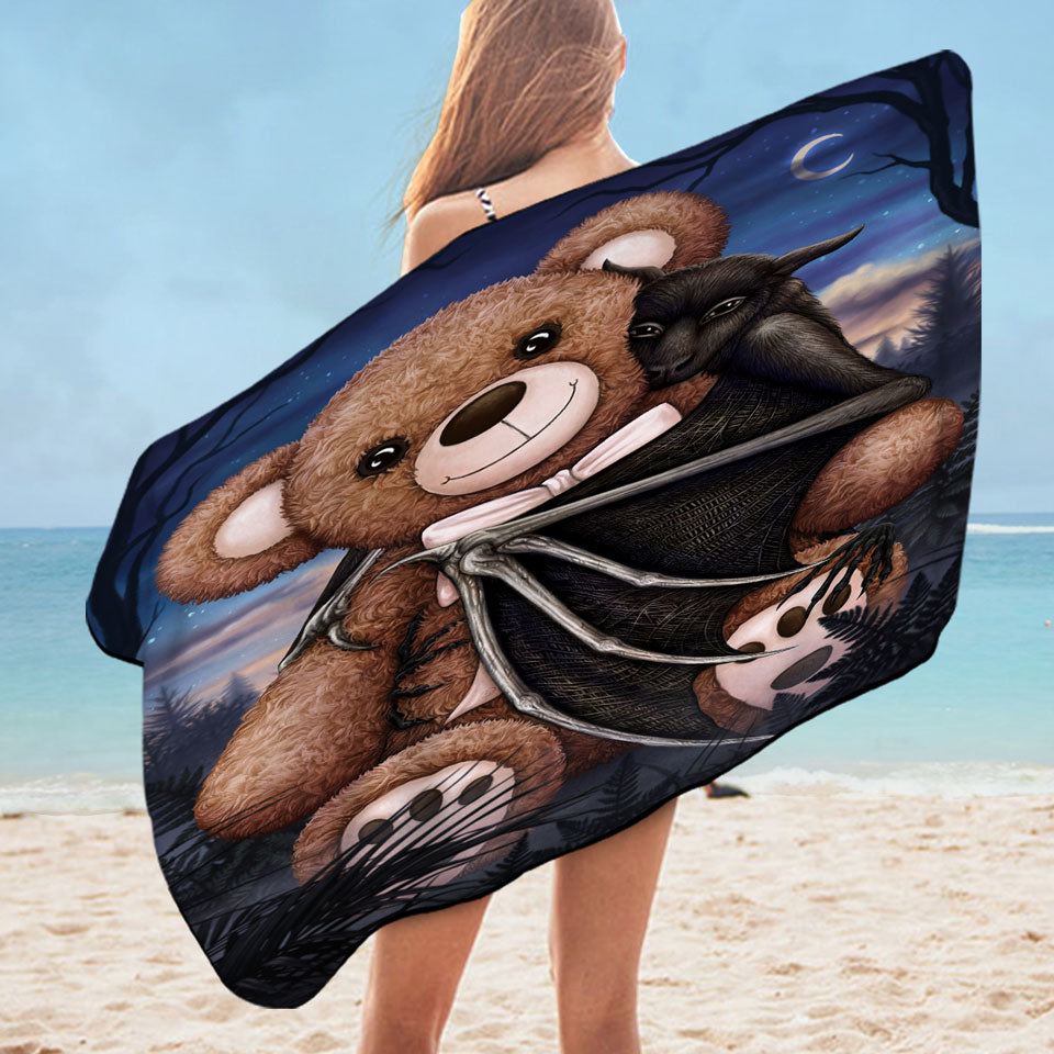 Cute and Scary Towels Bedtime Teddy Bear and Bat Microfiber Beach Towel