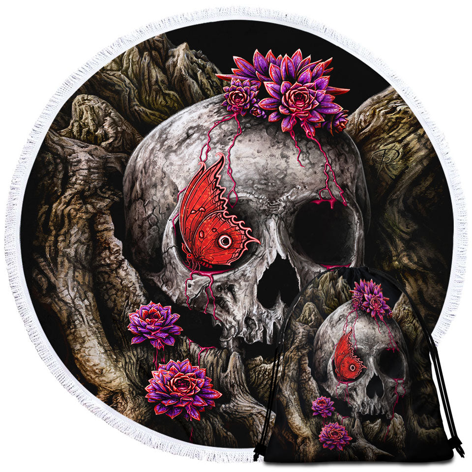 Dark Art A Glance of Evanescence Red Butterfly and Skull Beach Towels