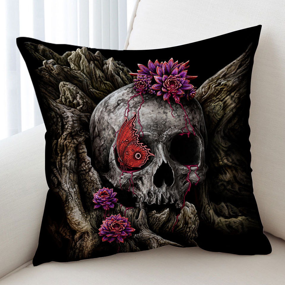 Dark Art A Glance of Evanescence Red Butterfly and Skull Cushion Cover