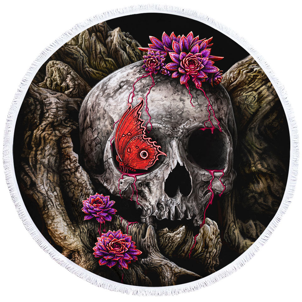 Dark Art A Glance of Evanescence Red Butterfly and Skull Round Beach Towel