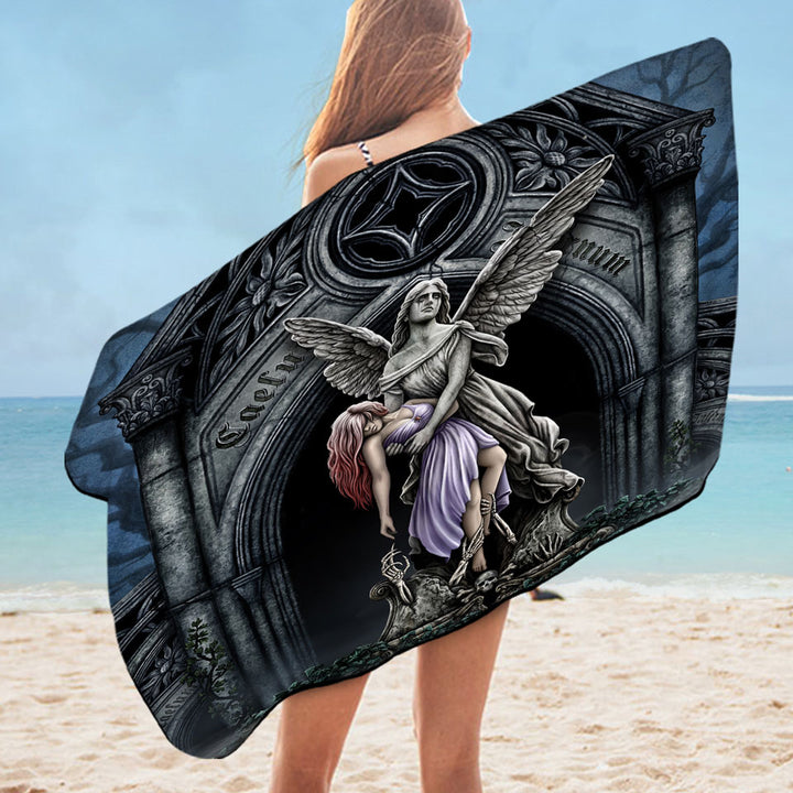 Dark Art Beach Towel the Eternal Fight Angel Statue and Woman
