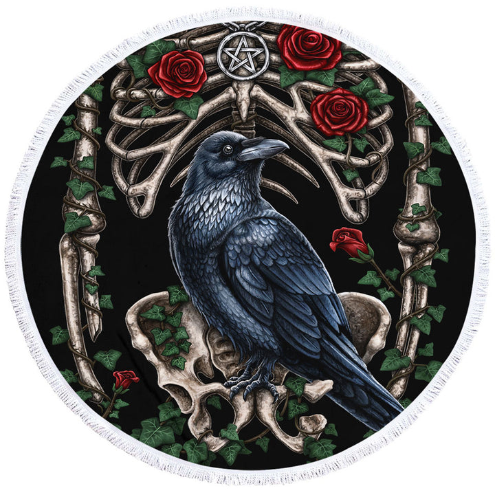 Dark Art Beach Towels Roses Human Skeleton and Crow Circle Towel