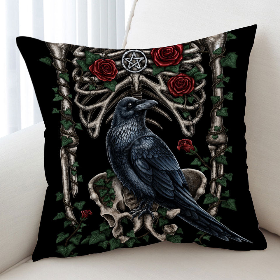 Dark Art Cushion Covers Roses Human Skeleton and Crow Cushion