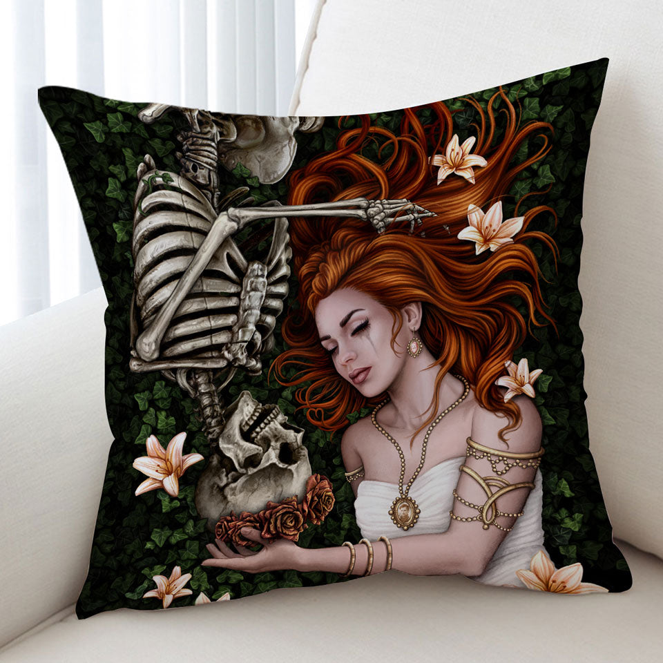 Dark Art Cushion Covers Sad Love Story Redhead Woman and Skeleton Cushion