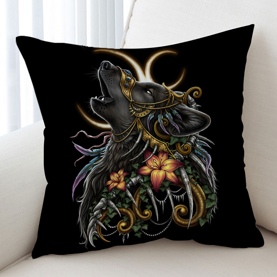 Dark Art Lilies and Howling Wolf Cushion