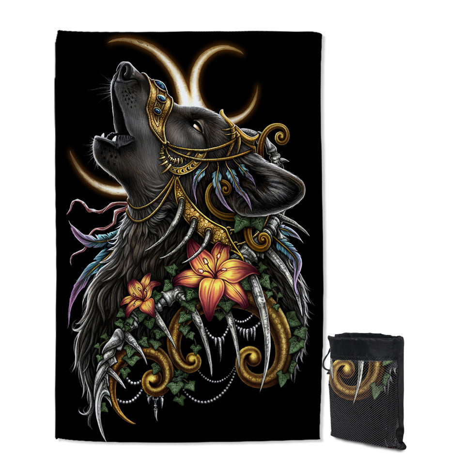 Dark Art Lilies and Howling Wolf Quick Dry Beach Towel
