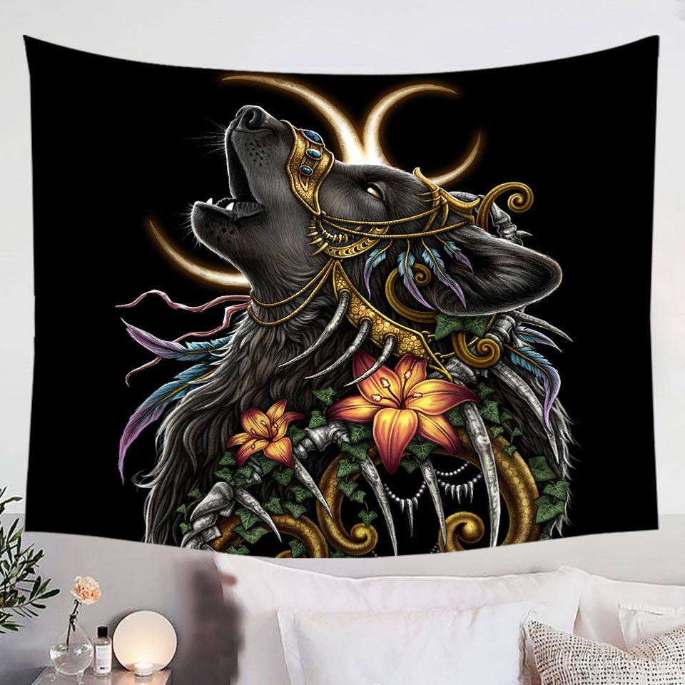 Dark-Art-Lilies-and-Howling-Wolf-Tapestry