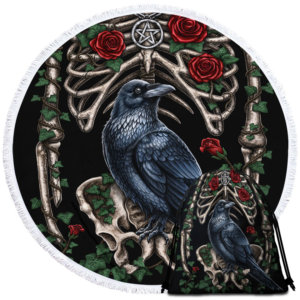 Dark Art Roses Human Skeleton and Crow Beach Towels
