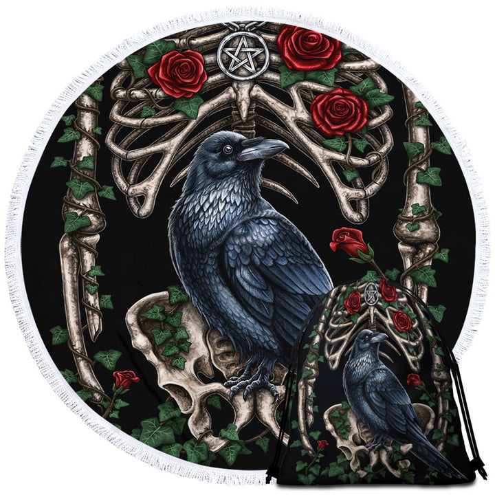 Dark Art Roses Human Skeleton and Crow Beach Towels