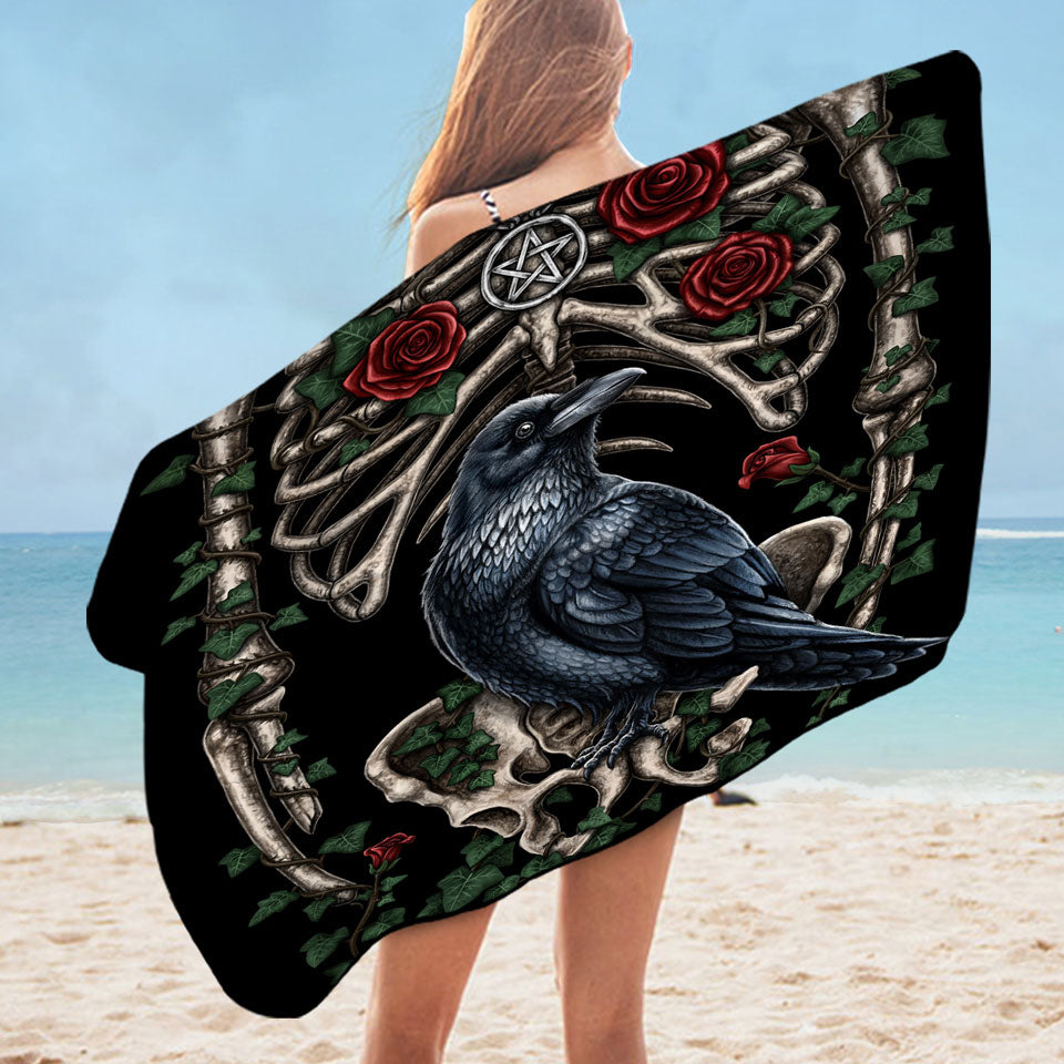 Dark Art Roses Human Skeleton and Crow Pool Towels