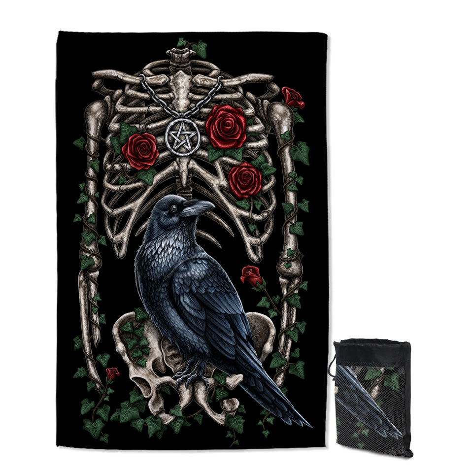 Dark Art Roses Human Skeleton and Crow Quick Dry Beach Towel