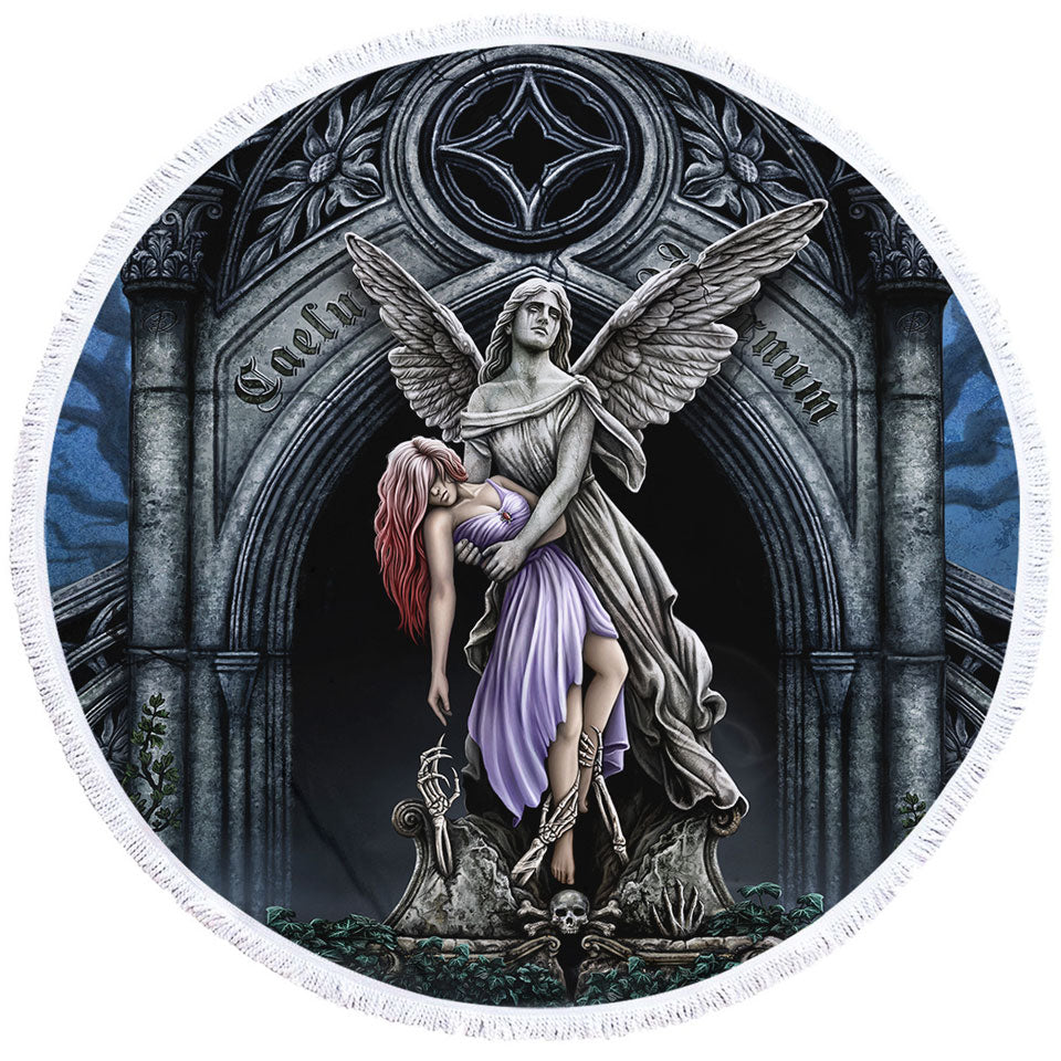 Dark Art Round Beach Towel the Eternal Fight Angel Statue and Woman