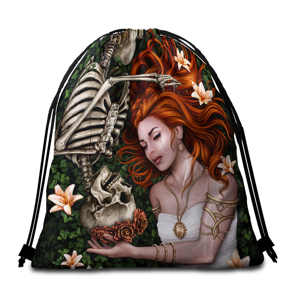 Dark Art Sad Love Story Redhead Woman and Skeleton Beach Bags and Towels