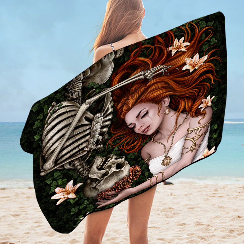 Dark Art Sad Love Story Redhead Woman and Skeleton Pool Towels