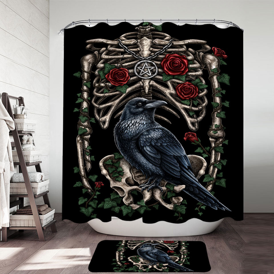 Dark Art Shower Curtains Roses Human Skeleton and Crow Shower Curtain