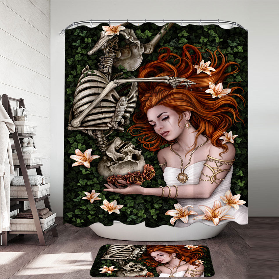 Dark Art Shower Curtains Sad Love Story Redhead Woman and Skeleton Shower Curtain