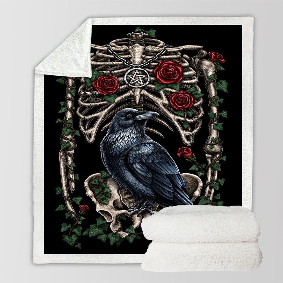 products/Dark-Art-Sofa-Blankets-Roses-Human-Skeleton-and-Crow-Throw-Blanket