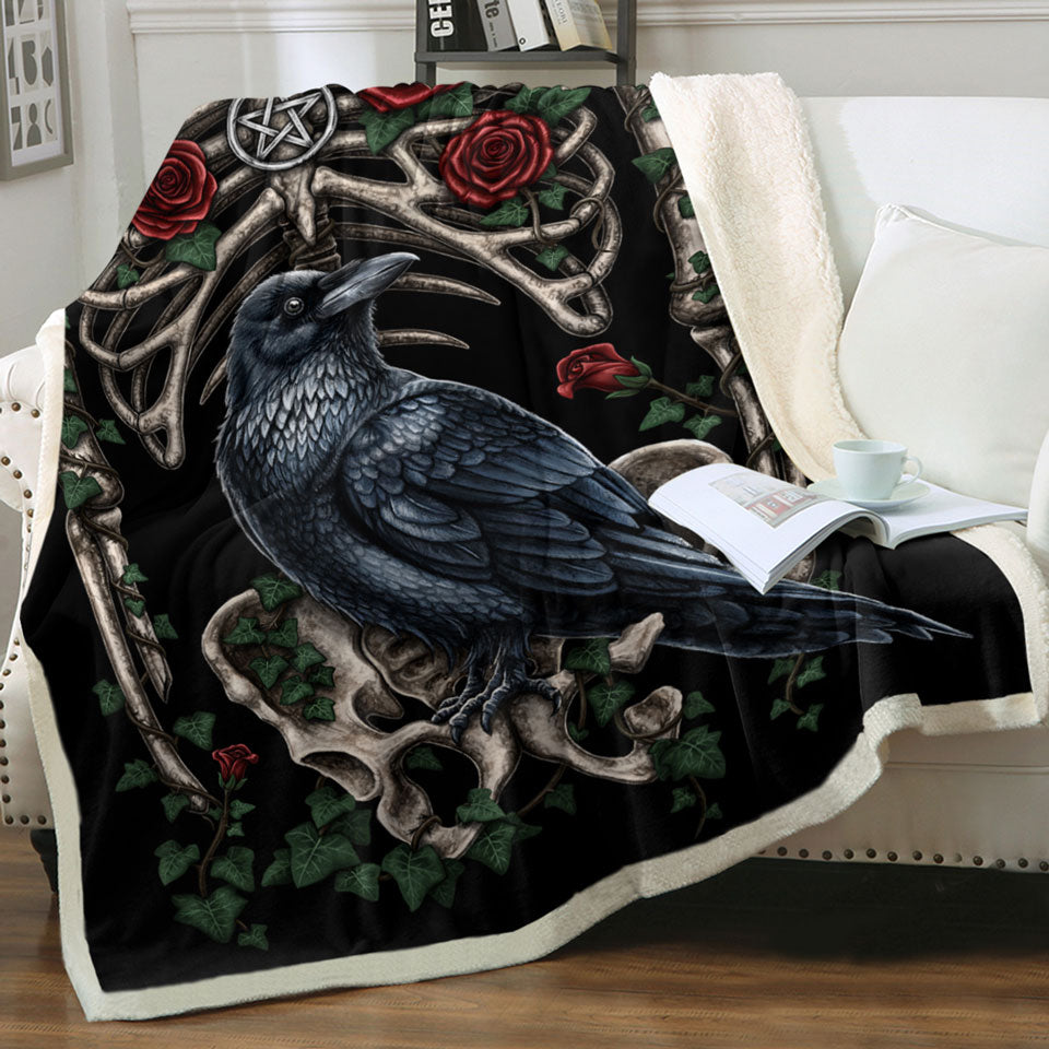 products/Dark-Art-Throws-Roses-Human-Skeleton-and-Crow-Sherpa-Blanket