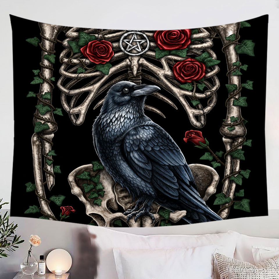 Dark-Art-Wall-Decor-Roses-Human-Skeleton-and-Crow-Tapestry