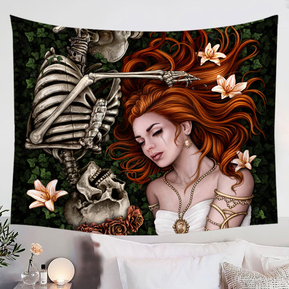 Dark-Art-Wall-Decor-Sad-Love-Story-Redhead-Woman-and-Skeleton-Tapestry