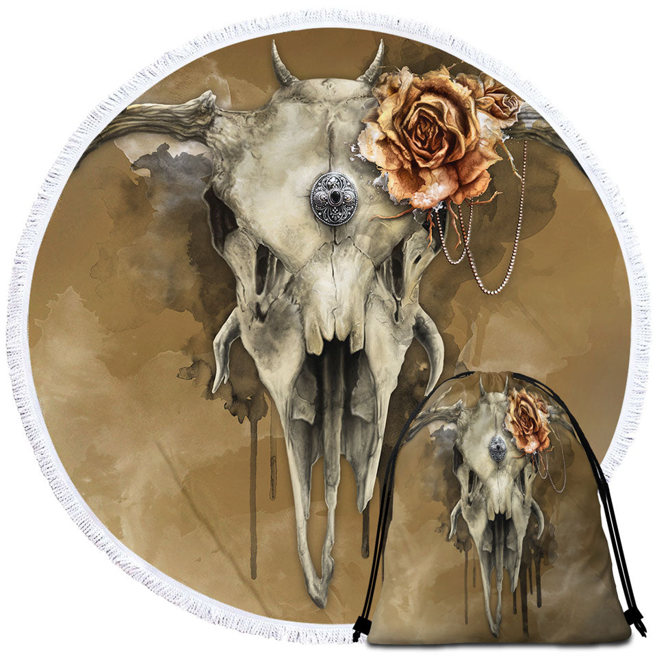 Dark Artwork All Shall Fade Rosy Deer Skull Round Beach Towel