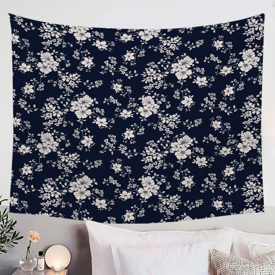 Dark Blue Background for White Floral Wall Decor Tapestry