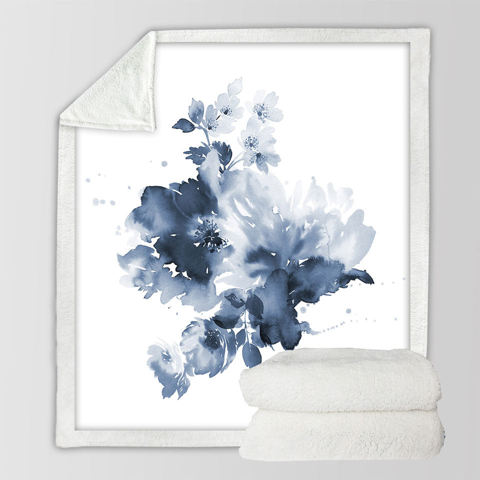 Dark Blue Watercolor Flowers Throw Blanket