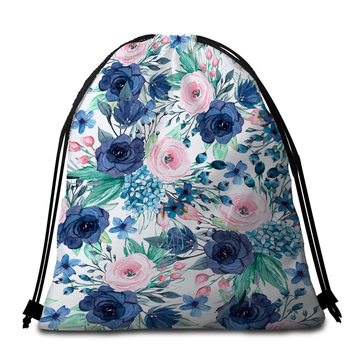 Dark Blue and Pink Floral Beach Towel Bags