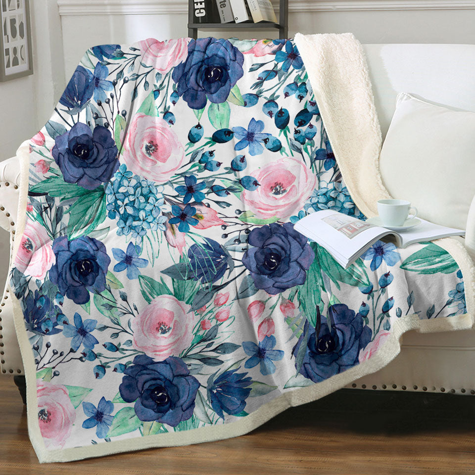 Dark Blue and Pink Floral Throw Blankets