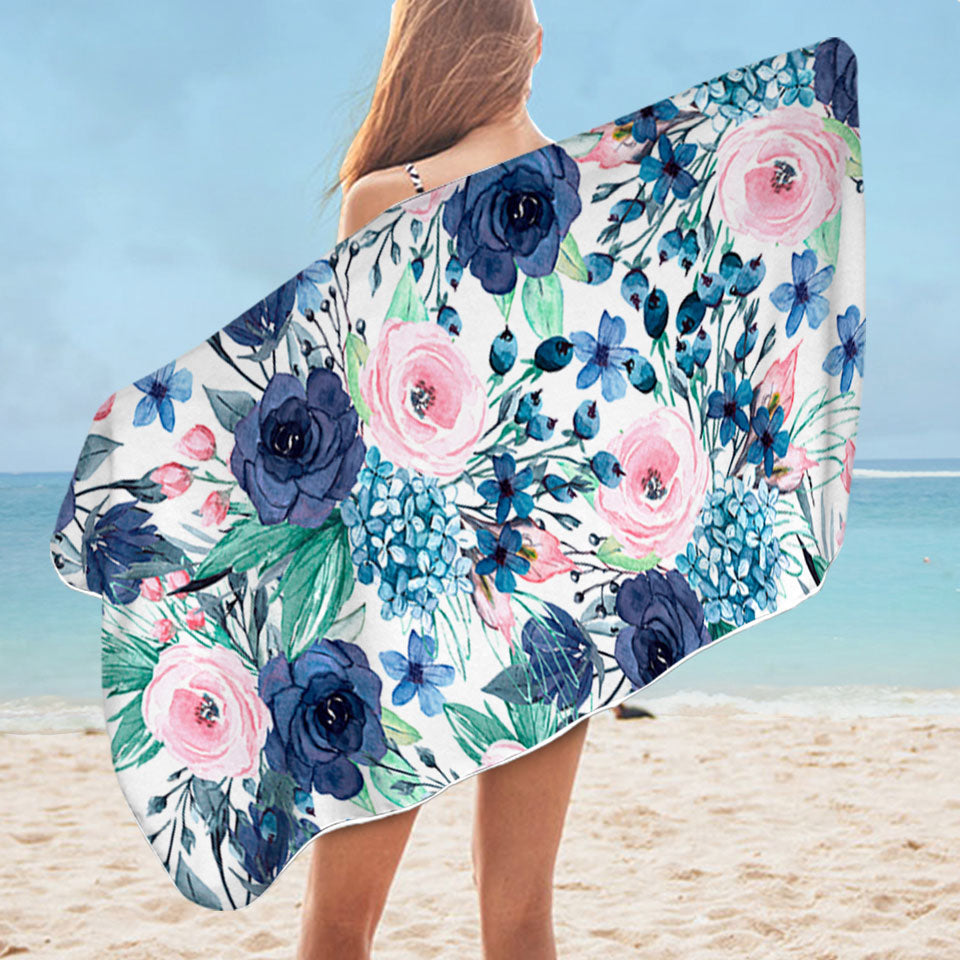 Dark Blue and Pink Floral Travel Beach Towel