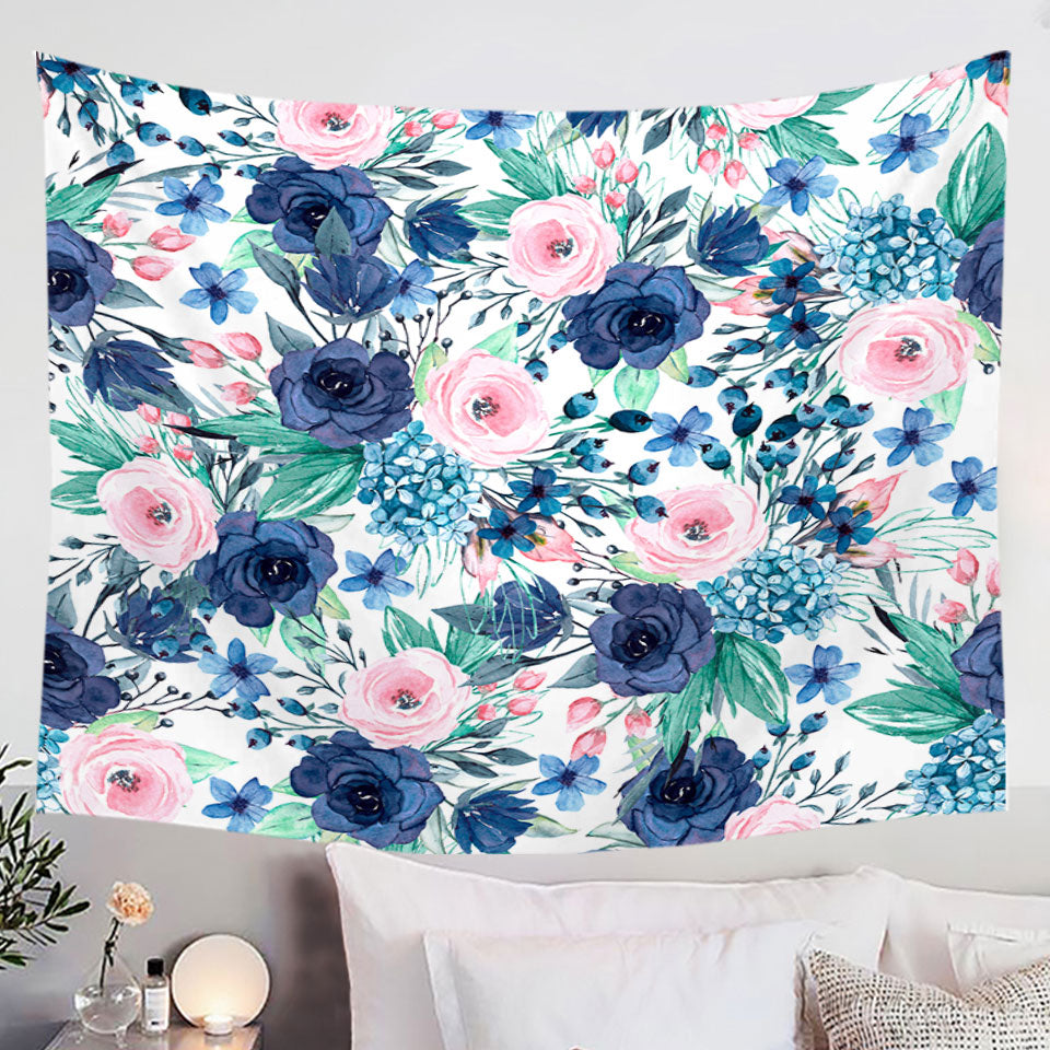 Dark Blue and Pink Floral Wall Decor Tapestry