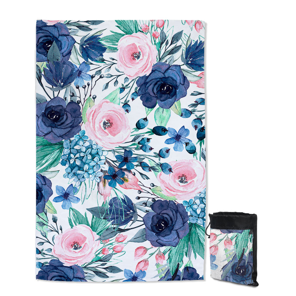 Dark Blue and Pink Floral Womens Beach Towel