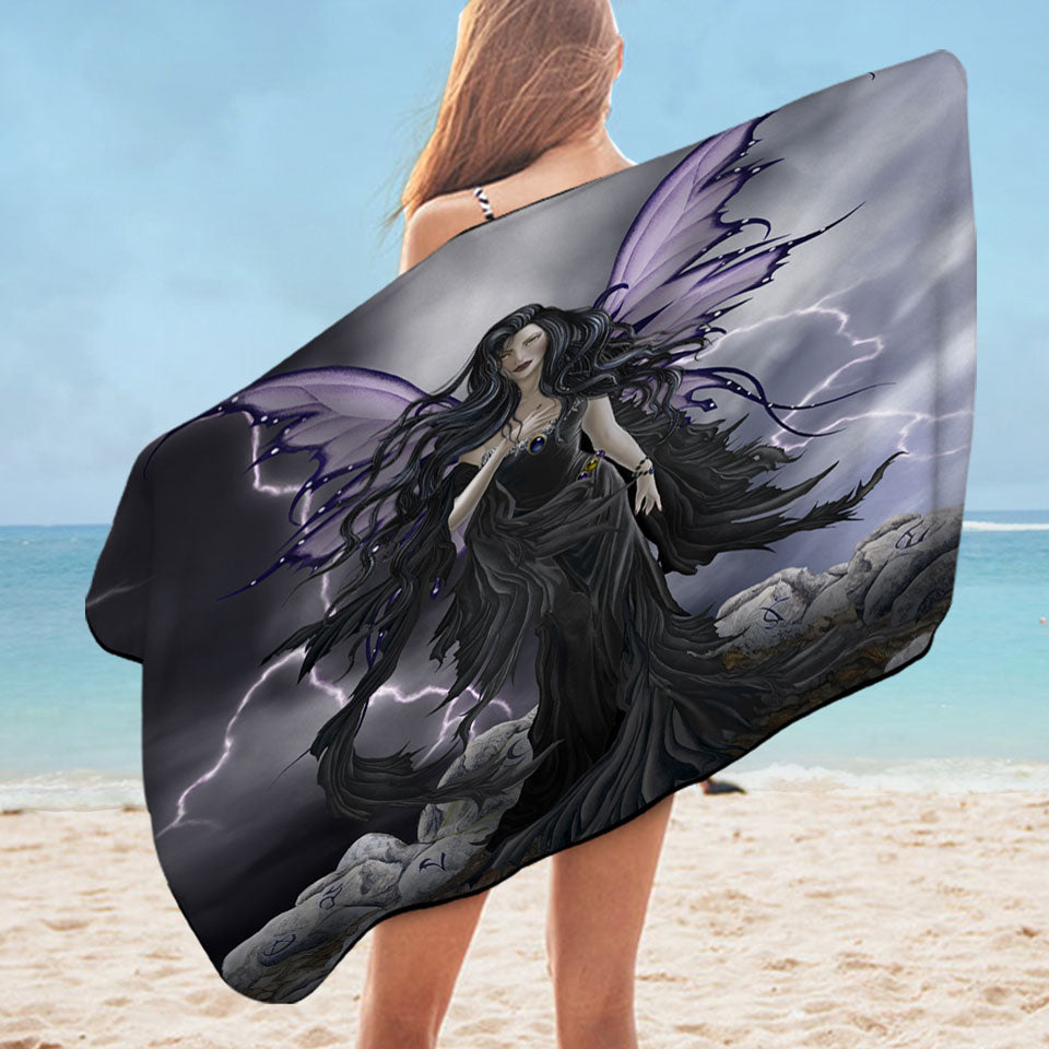 Dark Fantasy Beach Towel Art Black Storm Fairy
