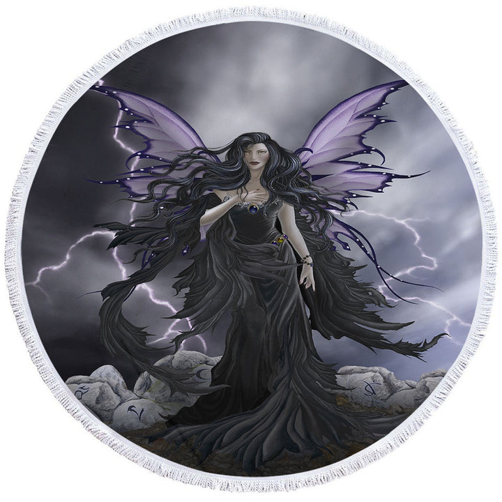 Dark Fantasy Round Beach Towels Art Black Storm Fairy