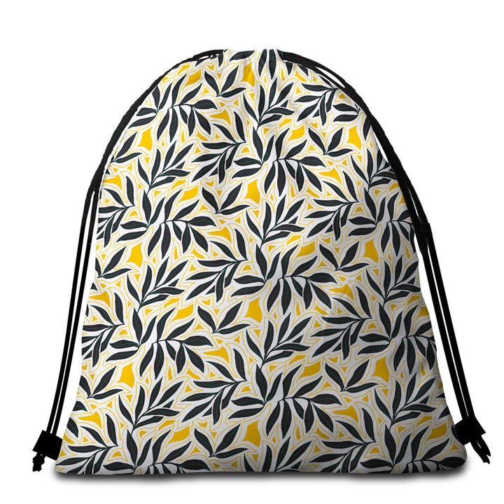Dark Green Leaves over Yellow Beach Towel Bags